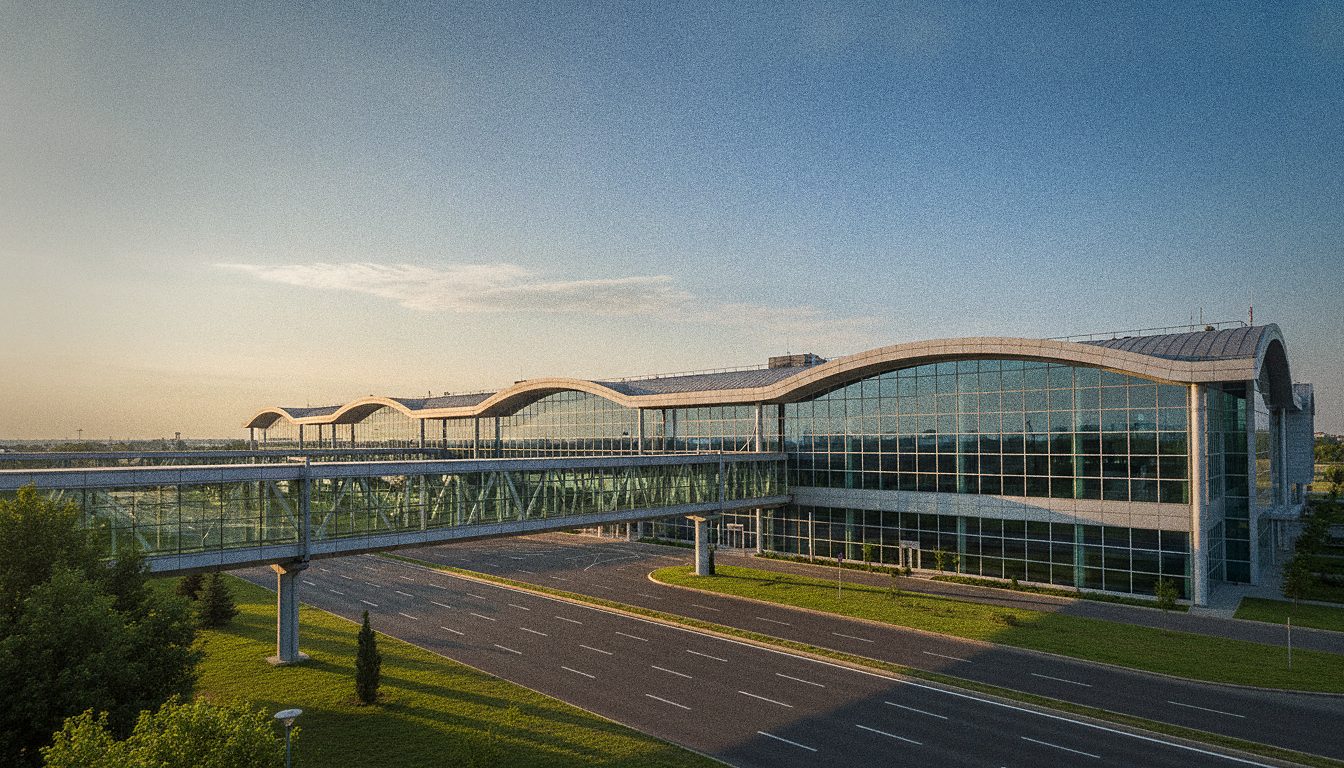 La facciata del terminal dell'aeroporto di Bucarest-Otopeni in una giornata serena