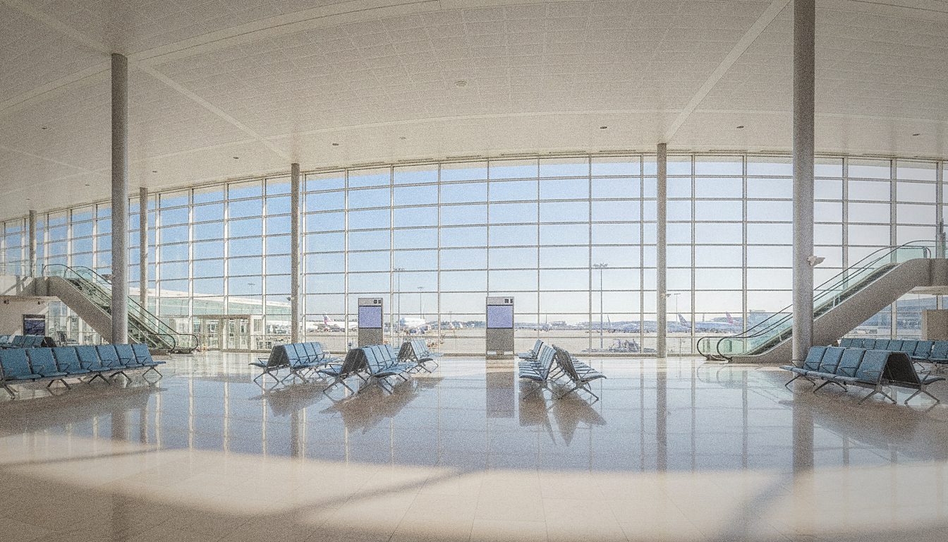 Interno del terminal partenze dell'aeroporto di Atene, senza persone