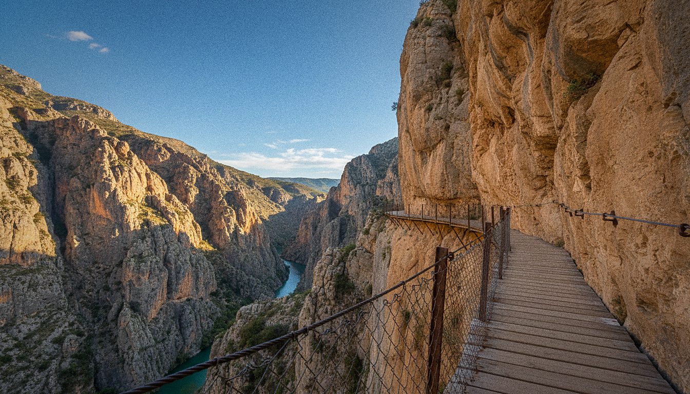 La passerella di legno del Caminito del Rey ancorata alla parete della gola del Chorro
