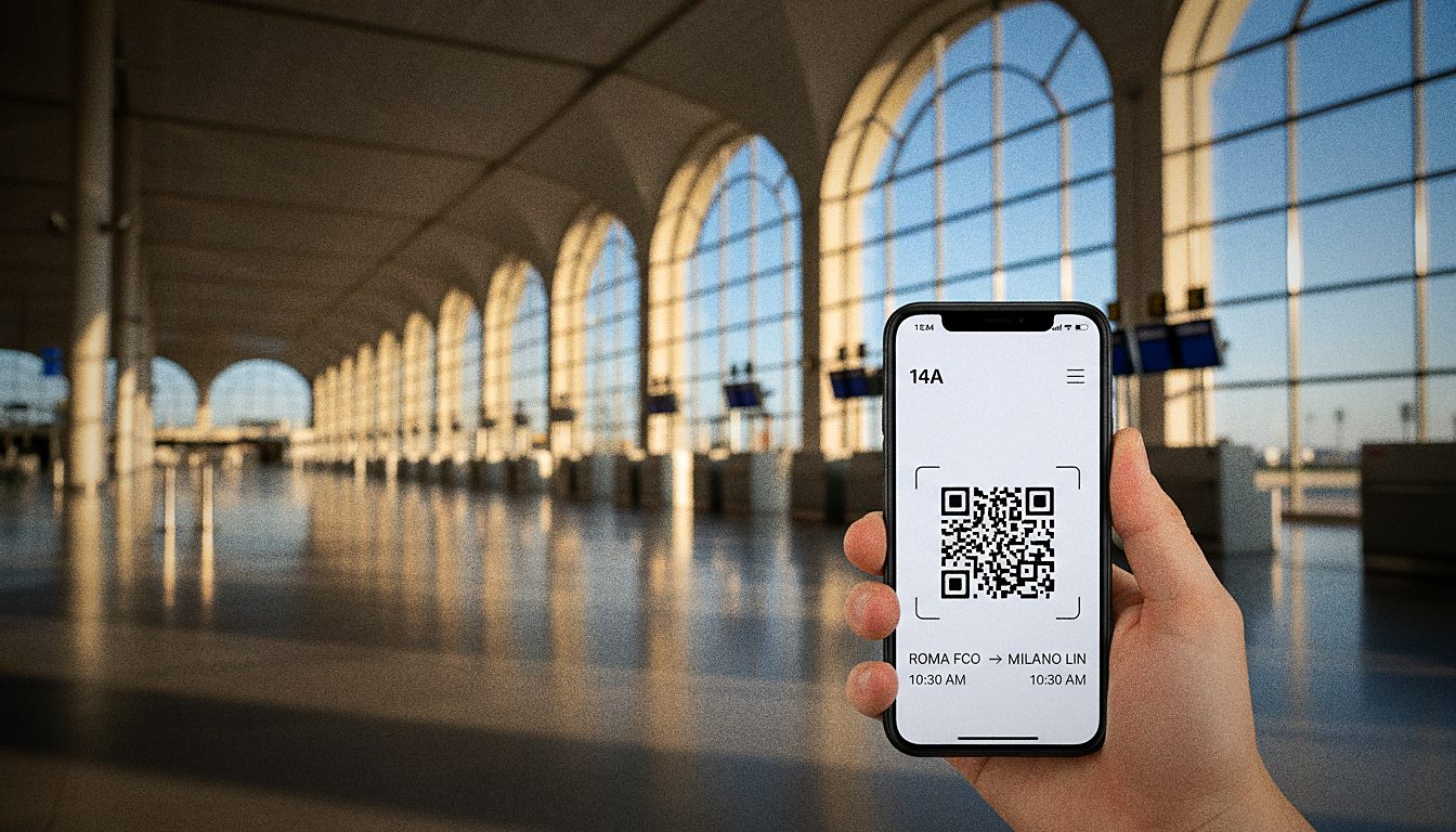 Carta d'imbarco digitale su uno smartphone in un'area partenze aeroportuale