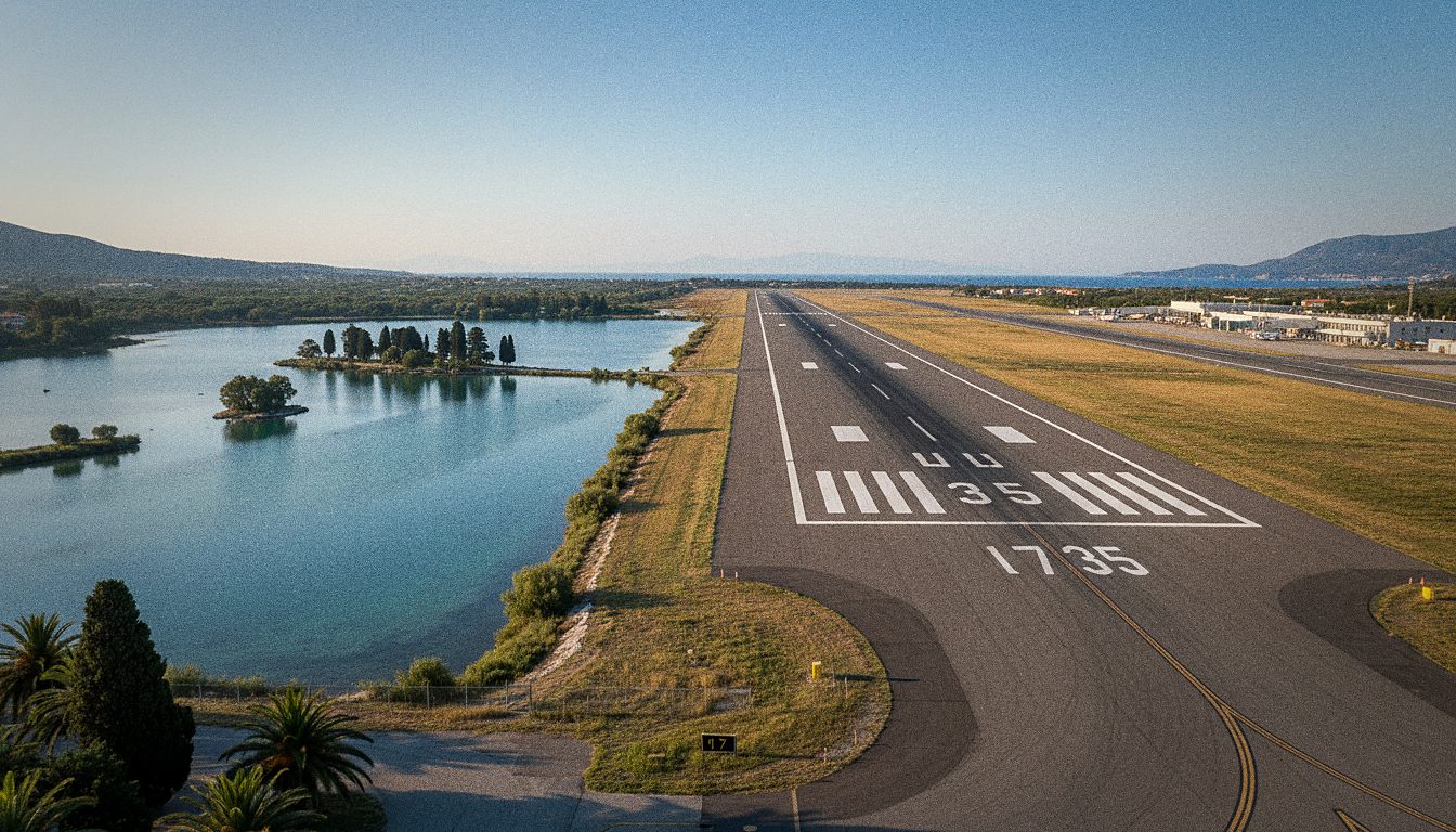 Pista dell'aeroporto di Corfù vicino alla laguna, senza persone