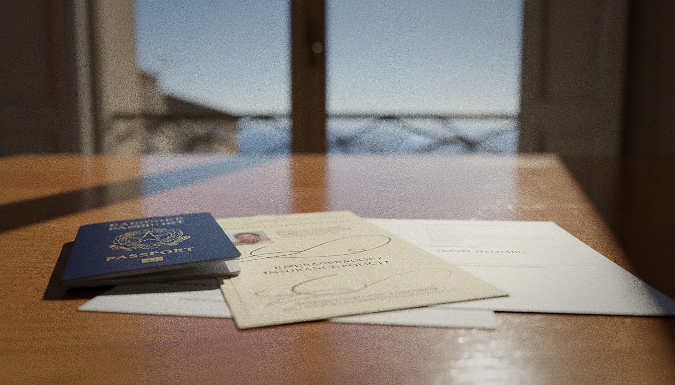 Documenti di viaggio e polizza assicurativa su un tavolo con passaporto
