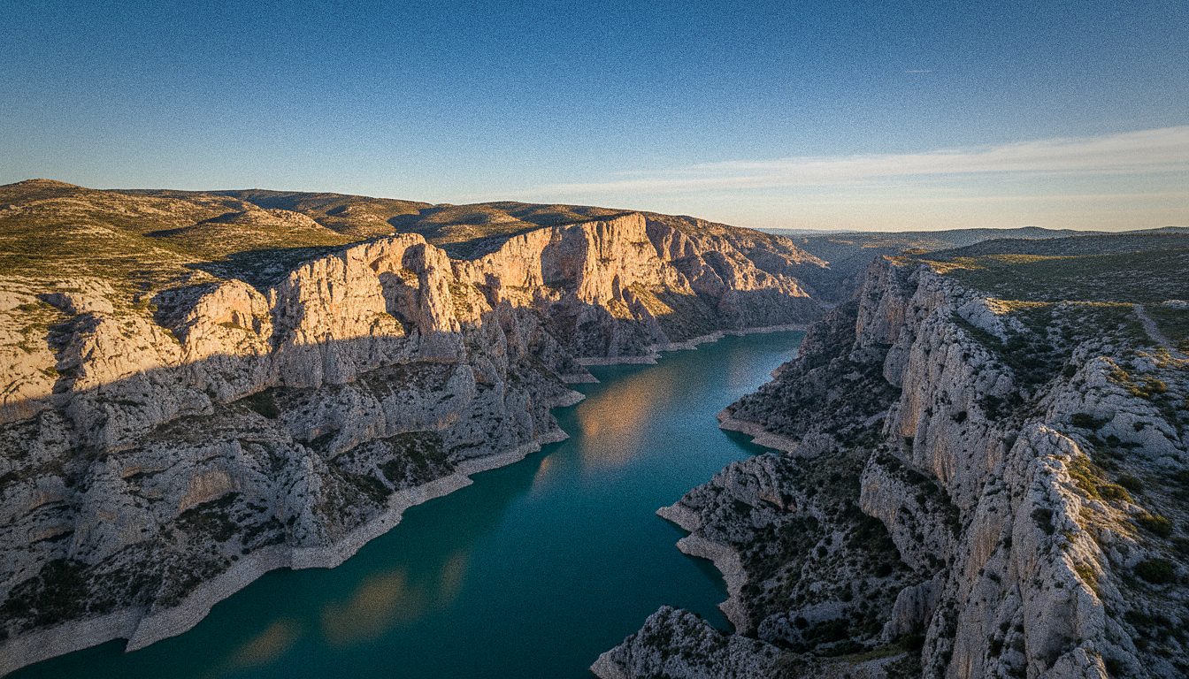 Il lago turchese dell'embalse del Chorro visto dall'alto tra le rocce calcaree