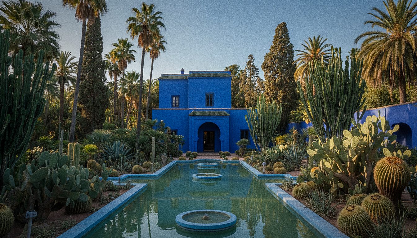 Villa blu cobalto dei Giardini Majorelle tra palme, cactus e vasche d'acqua a Marrakech