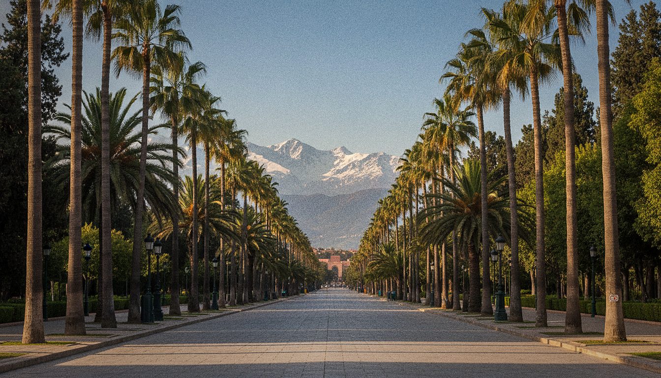Viale alberato di palme nel quartiere di Guéliz a Marrakech con l'Atlante sullo sfondo