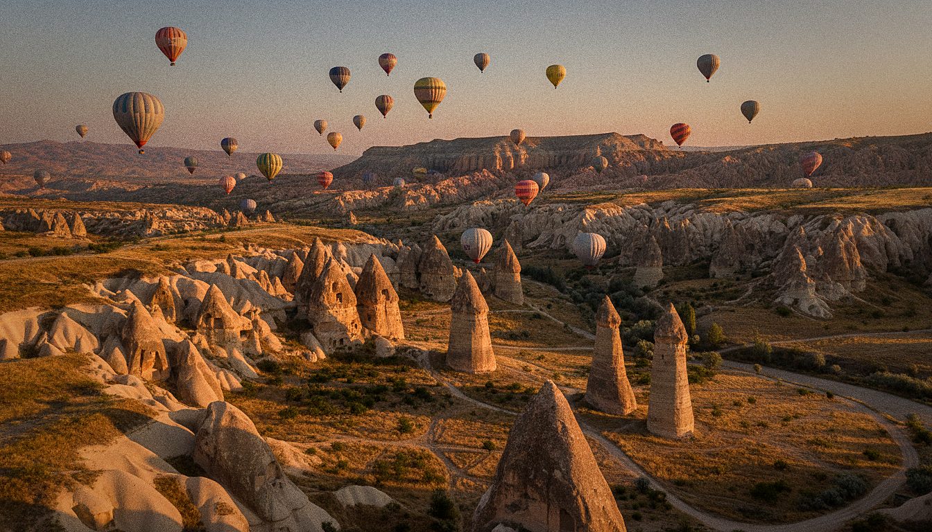 Mongolfiere colorate che si alzano all'alba sopra le valli di roccia della Cappadocia