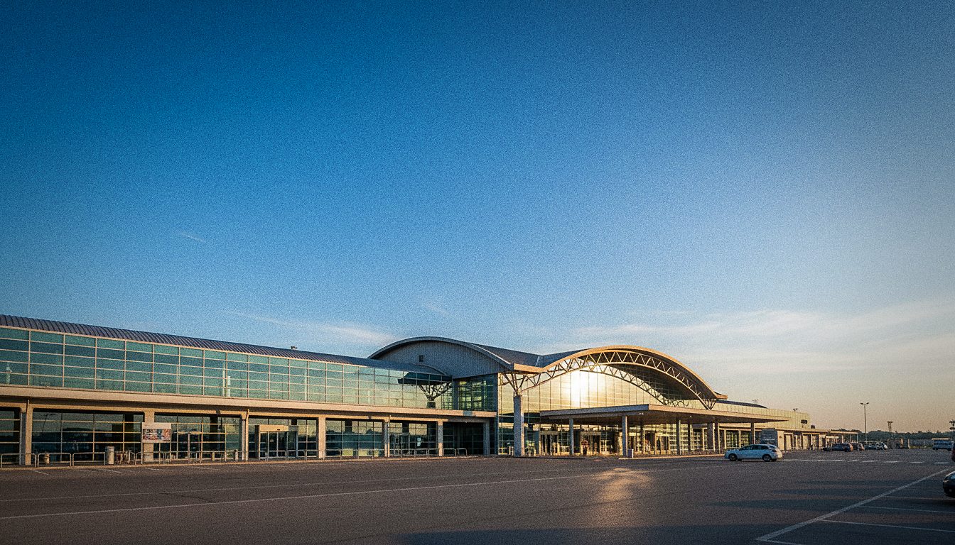 Facciata del terminal dell'aeroporto di Pisa Galileo Galilei