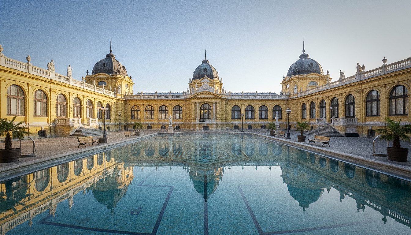 Cortile esterno delle Terme Széchenyi a Budapest con le piscine termali