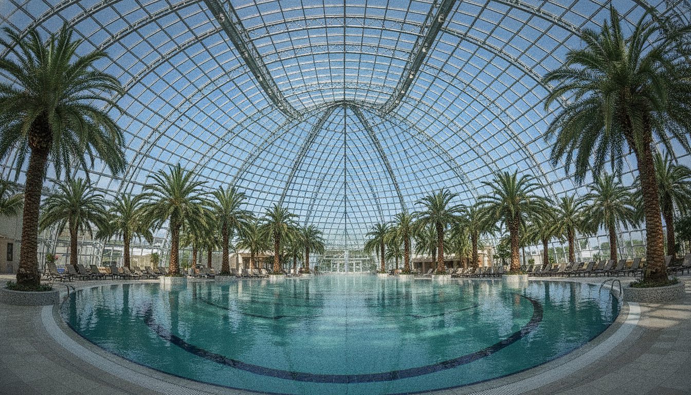 Una grande piscina termale sotto una cupola di vetro circondata da palme, senza persone